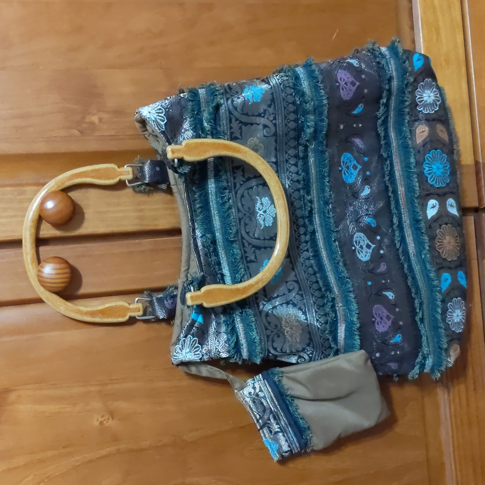 Wooden handle ornate tapestry handbag
